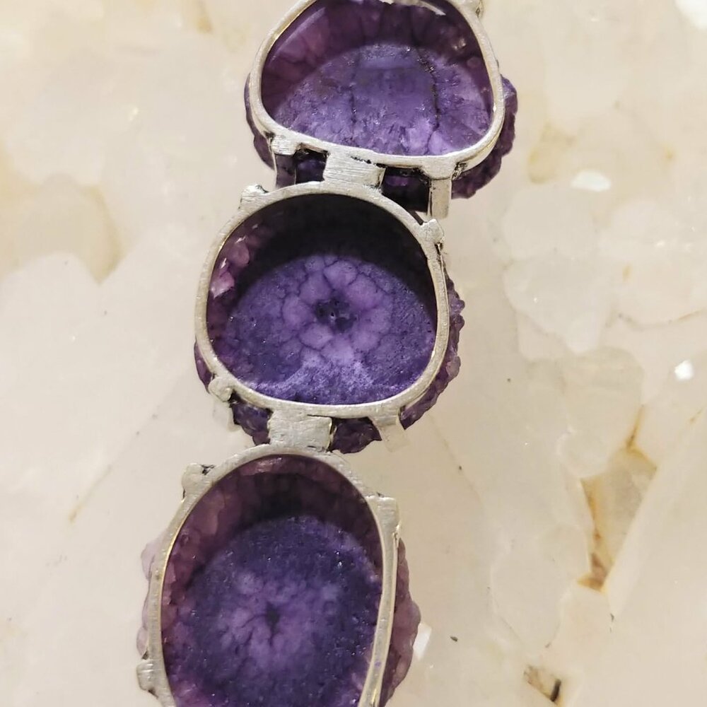 NWOT Dramatic Purple Solar Quartz Slice Stack Pendant 925 Sterling Overlay - Picture 8 of 10